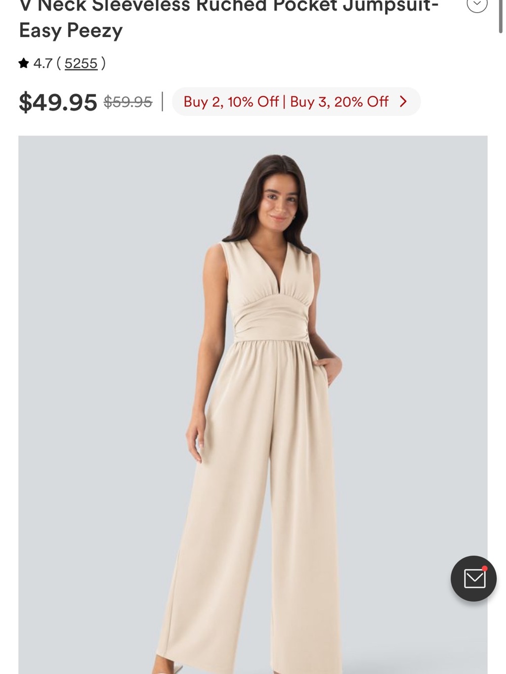 Halara V-Neck Sleeveless Ruched Pocket Jumpsuit - Cream